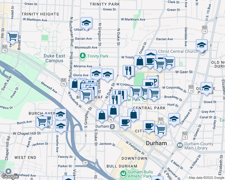 map of restaurants, bars, coffee shops, grocery stores, and more near 300 North Duke Street in Durham