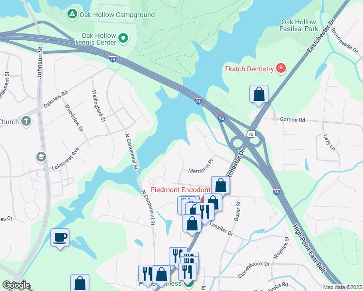 map of restaurants, bars, coffee shops, grocery stores, and more near 2314 Dover Place in High Point