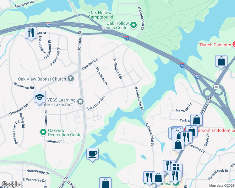 map of restaurants, bars, coffee shops, grocery stores, and more near 3105 Woodview Drive in High Point