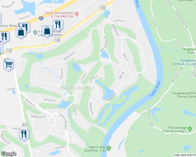 map of restaurants, bars, coffee shops, grocery stores, and more near 144 Golfview Dr in Bermuda Run