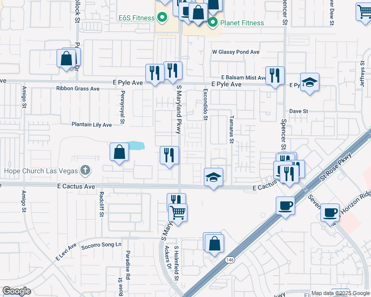 map of restaurants, bars, coffee shops, grocery stores, and more near 1228 Oak Village Avenue in Las Vegas