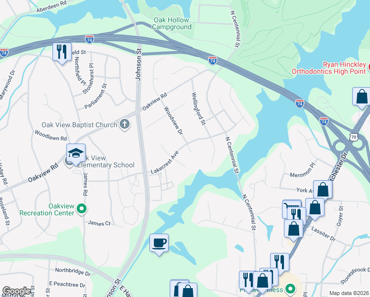 map of restaurants, bars, coffee shops, grocery stores, and more near 3105 Woodview Drive in High Point