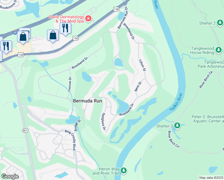 map of restaurants, bars, coffee shops, grocery stores, and more near 144 Golfview Dr in Bermuda Run