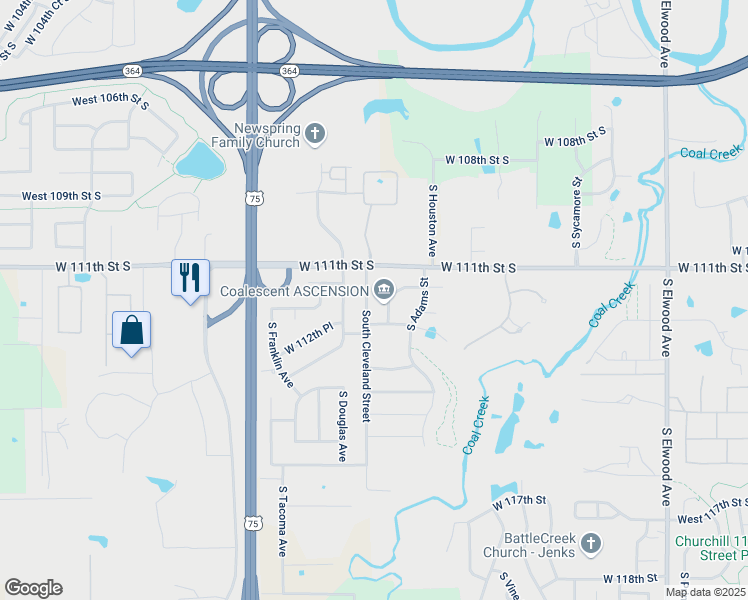 map of restaurants, bars, coffee shops, grocery stores, and more near 11128 South Buchanan Street in Jenks