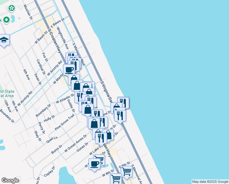 map of restaurants, bars, coffee shops, grocery stores, and more near 1409 South Virginia Dare Trail in Kill Devil Hills