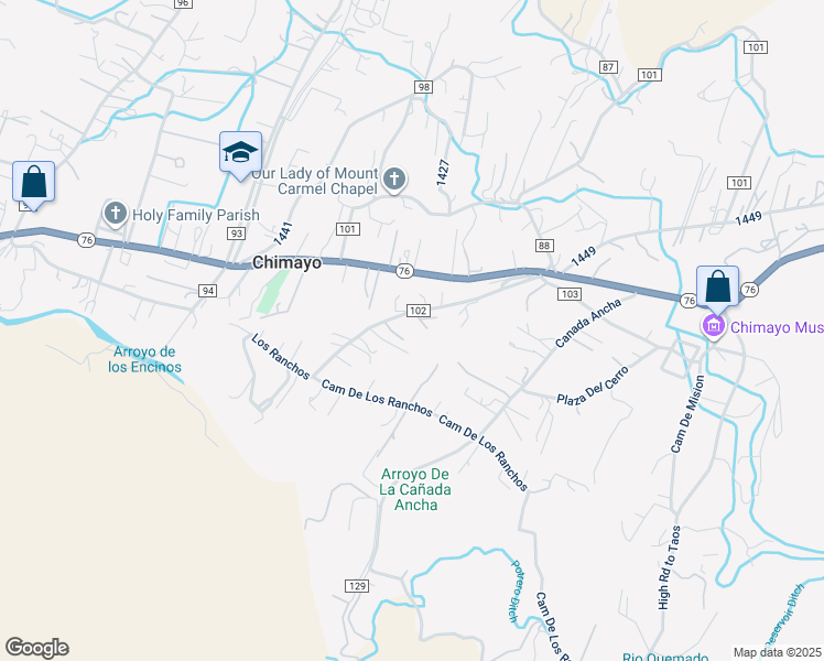 map of restaurants, bars, coffee shops, grocery stores, and more near 41 Camino De Los Ranchos in Chimayo