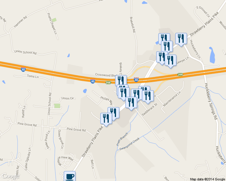 map of restaurants, bars, coffee shops, grocery stores, and more near 1599 Cracker Barrel Lane in Knoxville