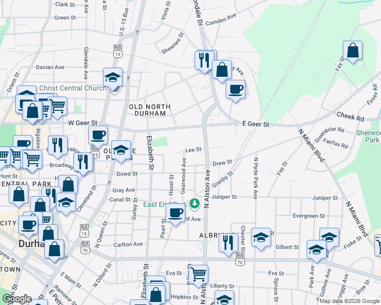 map of restaurants, bars, coffee shops, grocery stores, and more near 708 Lee Street in Durham