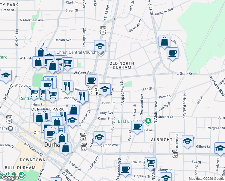 map of restaurants, bars, coffee shops, grocery stores, and more near 301 Lyric Street in Durham