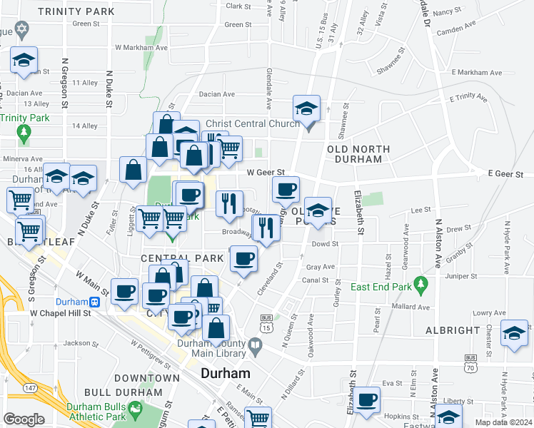 map of restaurants, bars, coffee shops, grocery stores, and more near 800 Glendale Avenue in Durham