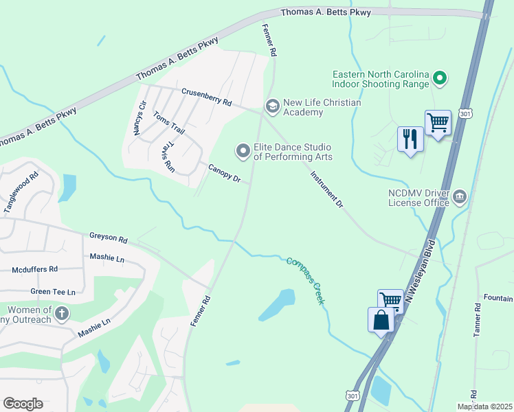 map of restaurants, bars, coffee shops, grocery stores, and more near 1909 Fenner Road in Rocky Mount