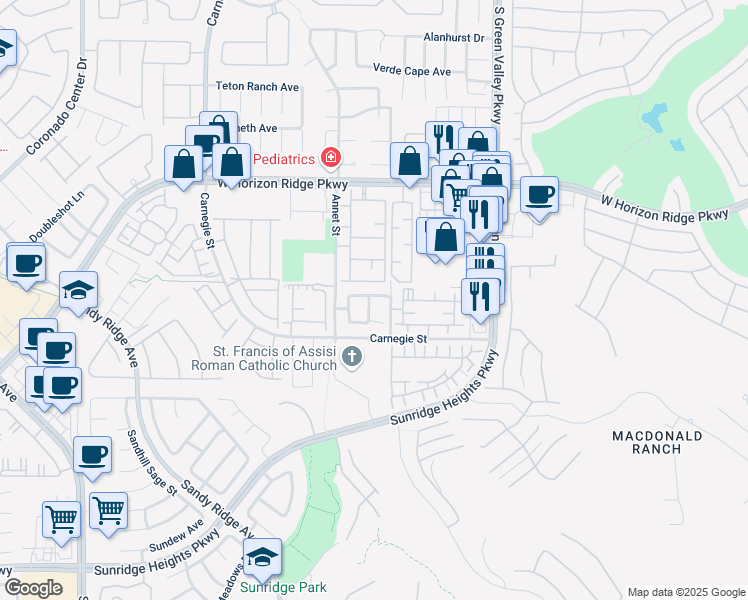 map of restaurants, bars, coffee shops, grocery stores, and more near 712 Waltham Hills Street in Henderson