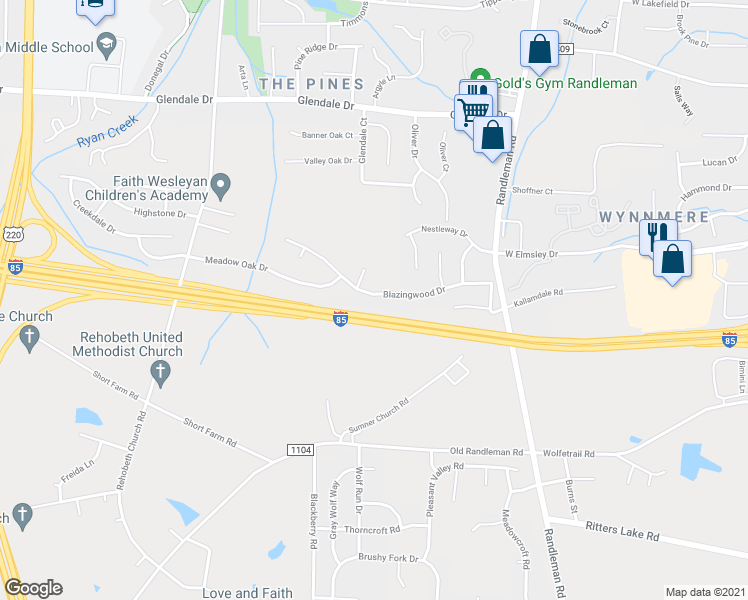 map of restaurants, bars, coffee shops, grocery stores, and more near 847 Blazingwood Drive in Greensboro