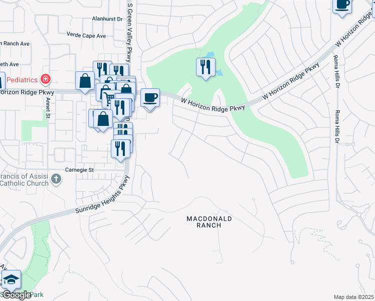 map of restaurants, bars, coffee shops, grocery stores, and more near 574 Carmel Valley Street in Henderson