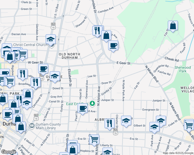 map of restaurants, bars, coffee shops, grocery stores, and more near 708 Lee Street in Durham