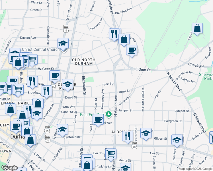 map of restaurants, bars, coffee shops, grocery stores, and more near 708 Lee Street in Durham