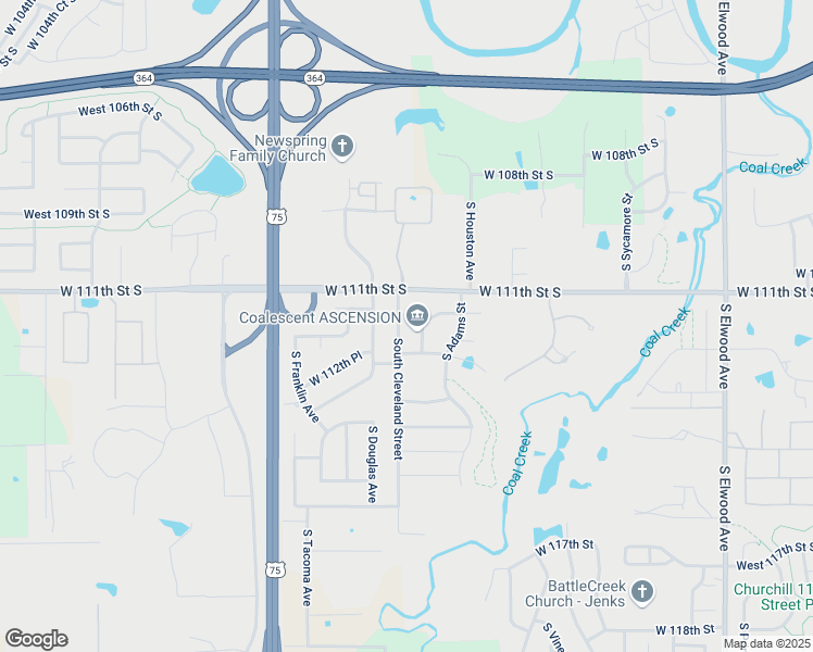 map of restaurants, bars, coffee shops, grocery stores, and more near 11128 South Buchanan Street in Jenks