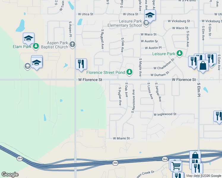 map of restaurants, bars, coffee shops, grocery stores, and more near 4909 South Redbud Avenue in Broken Arrow