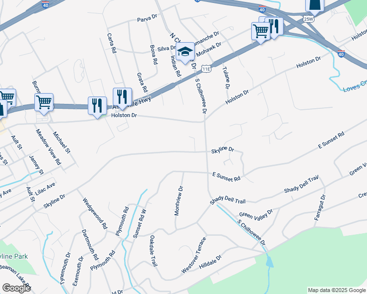 map of restaurants, bars, coffee shops, grocery stores, and more near 4827 Skyline Drive in Knoxville
