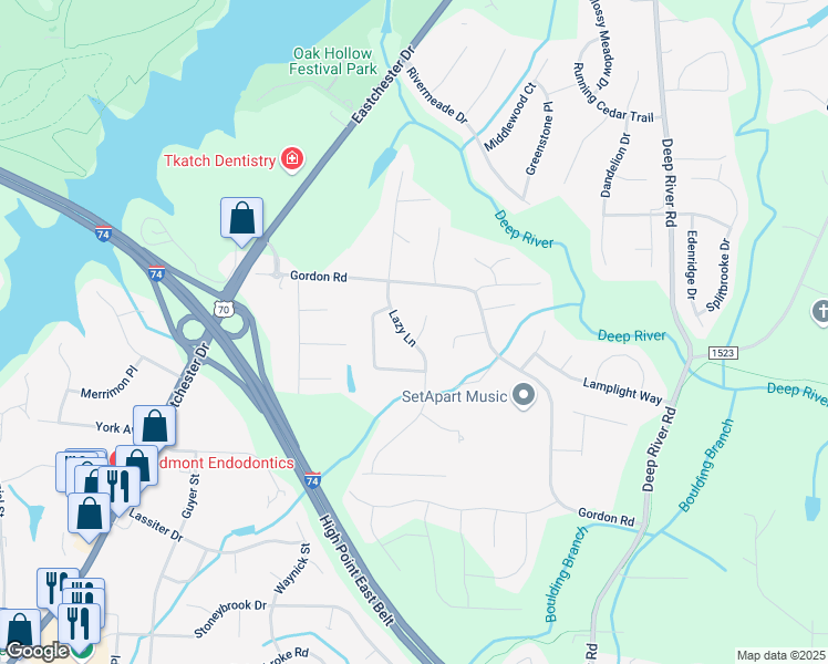 map of restaurants, bars, coffee shops, grocery stores, and more near 1709 Lazy Lane in High Point