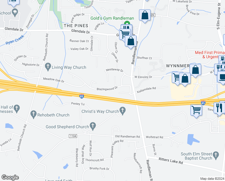 map of restaurants, bars, coffee shops, grocery stores, and more near 823 Blazingwood Drive in Greensboro