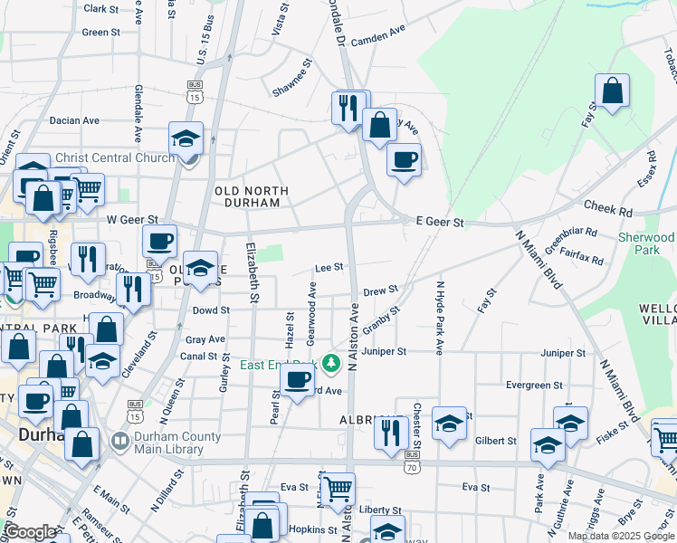 map of restaurants, bars, coffee shops, grocery stores, and more near 708 Lee Street in Durham