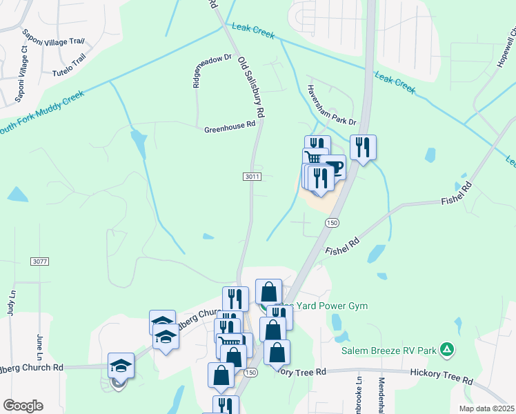 map of restaurants, bars, coffee shops, grocery stores, and more near 3155 Old Salisbury Road in Winston-Salem