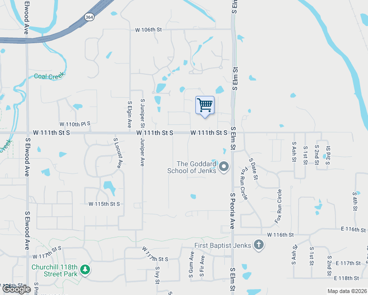 map of restaurants, bars, coffee shops, grocery stores, and more near 11264 South 1st Street in Jenks