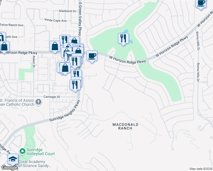 map of restaurants, bars, coffee shops, grocery stores, and more near 572 Fox Links Street in Henderson