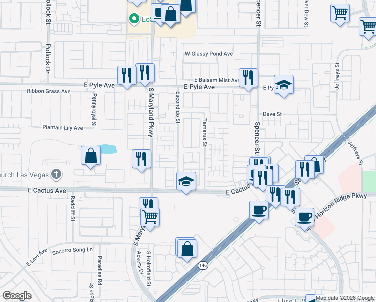 map of restaurants, bars, coffee shops, grocery stores, and more near 1373 Hawaiian Hills Avenue in Las Vegas