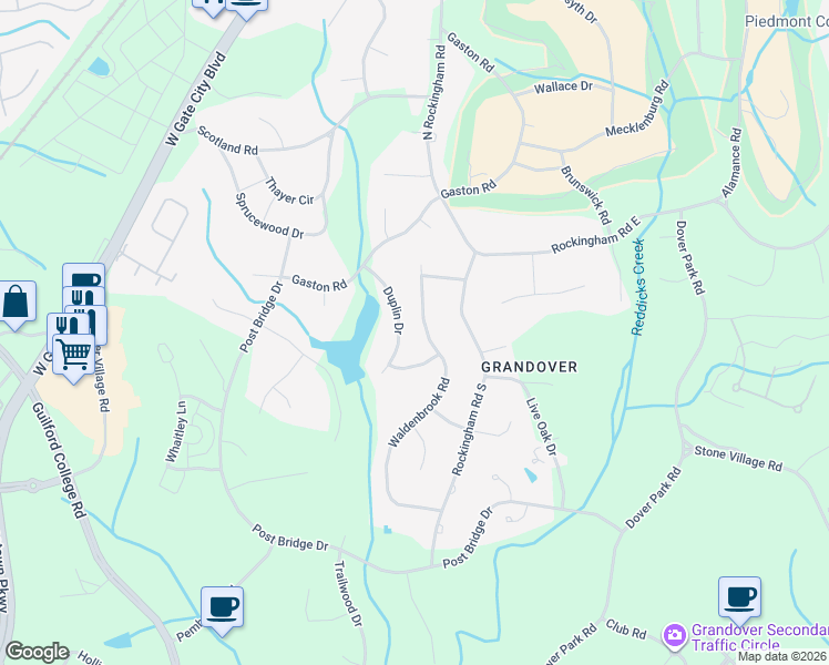 map of restaurants, bars, coffee shops, grocery stores, and more near 3712 Waldenbrook Road in Greensboro