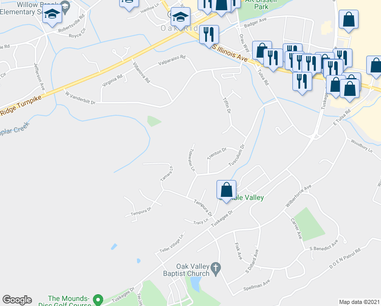 map of restaurants, bars, coffee shops, grocery stores, and more near 110 Tidewater Lane in Oak Ridge