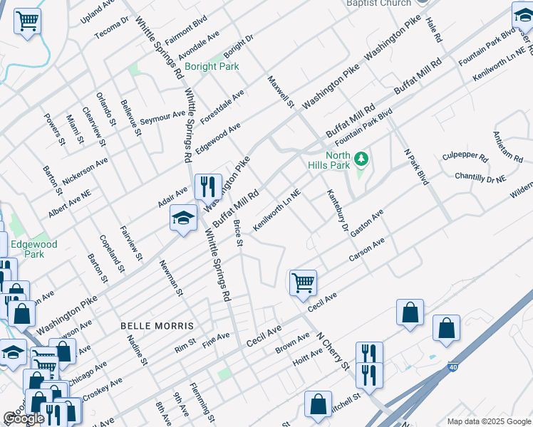 map of restaurants, bars, coffee shops, grocery stores, and more near 2526 Keystone Avenue in Knoxville