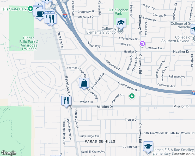 map of restaurants, bars, coffee shops, grocery stores, and more near 178 Beach Oak Avenue in Henderson