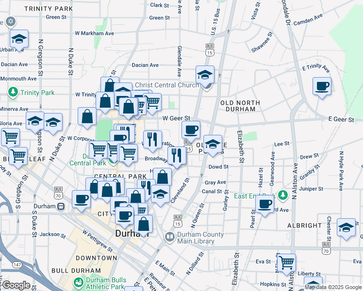 map of restaurants, bars, coffee shops, grocery stores, and more near 800 Glendale Avenue in Durham