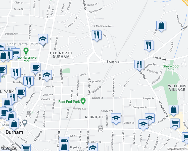 map of restaurants, bars, coffee shops, grocery stores, and more near 808 Lee Street in Durham