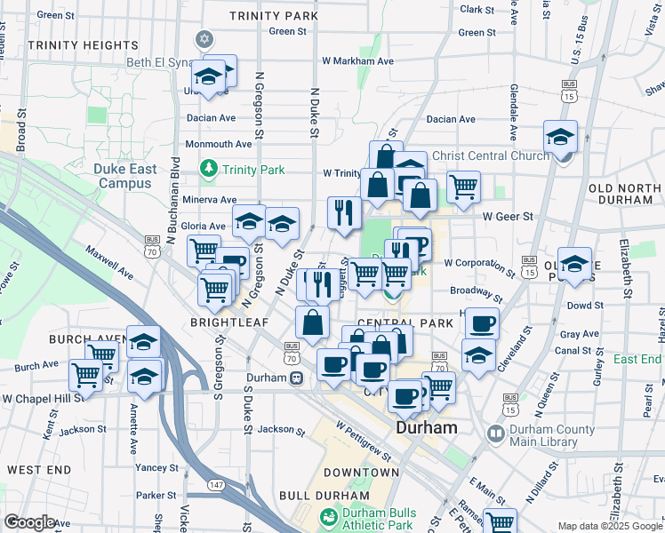 map of restaurants, bars, coffee shops, grocery stores, and more near 333 Liggett Street in Durham