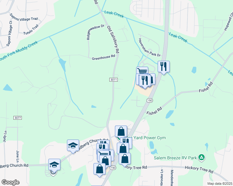 map of restaurants, bars, coffee shops, grocery stores, and more near 3155 Old Salisbury Road in Winston-Salem