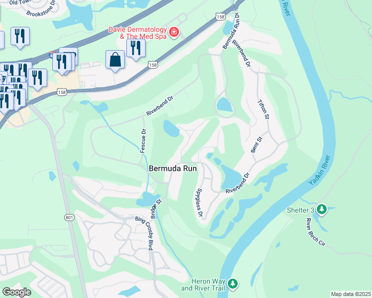 map of restaurants, bars, coffee shops, grocery stores, and more near 132 Fairway Drive in Bermuda Run