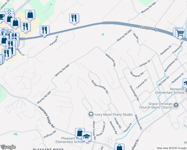 map of restaurants, bars, coffee shops, grocery stores, and more near 6026 Bridge Garden Road in Knoxville