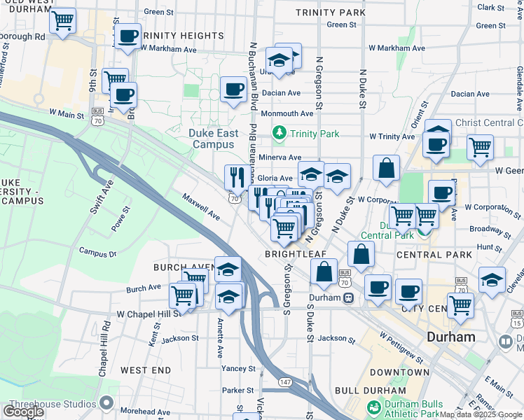 map of restaurants, bars, coffee shops, grocery stores, and more near 1108 West Main Street in Durham