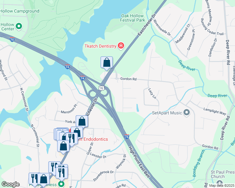 map of restaurants, bars, coffee shops, grocery stores, and more near 1617 Staley Road in High Point
