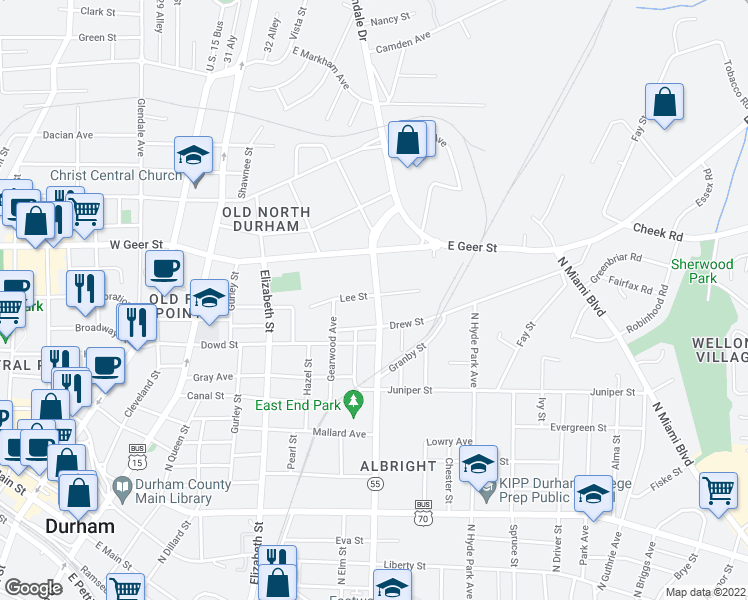 map of restaurants, bars, coffee shops, grocery stores, and more near 1513 North Alston Avenue in Durham