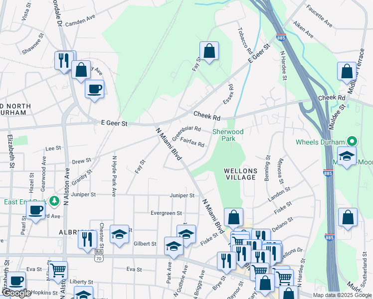 map of restaurants, bars, coffee shops, grocery stores, and more near 1512 North Miami Boulevard in Durham