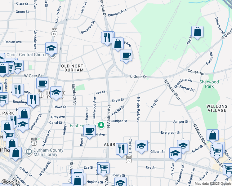 map of restaurants, bars, coffee shops, grocery stores, and more near 913 Drew Street in Durham