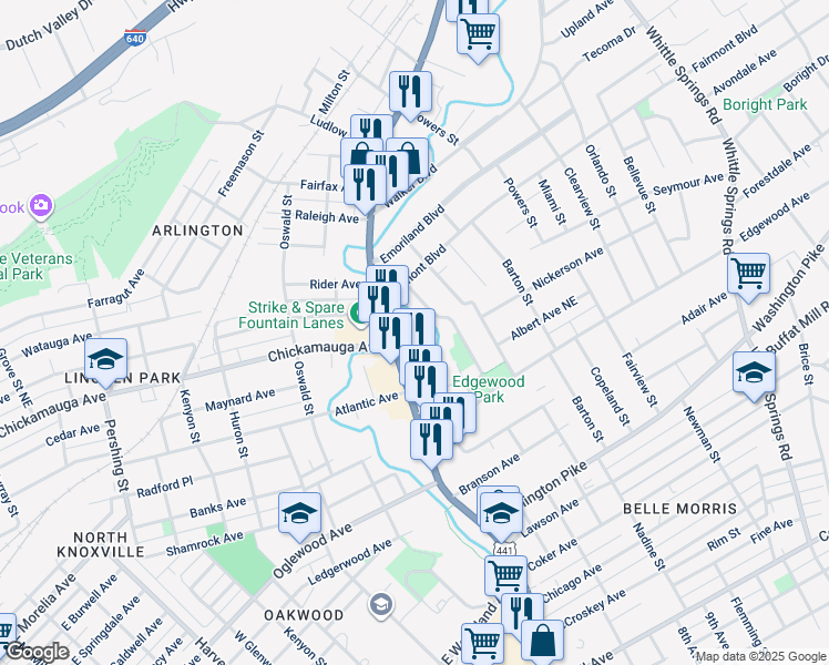 map of restaurants, bars, coffee shops, grocery stores, and more near 3136 North Broadway in Knoxville