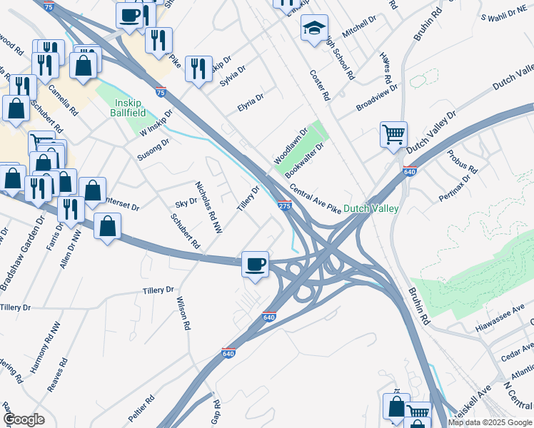 map of restaurants, bars, coffee shops, grocery stores, and more near 205 Kensi Drive Northwest in Knoxville