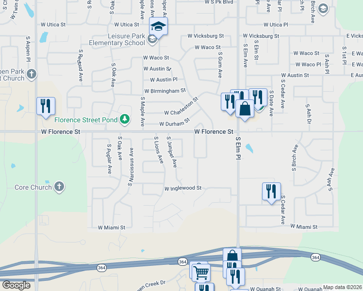 map of restaurants, bars, coffee shops, grocery stores, and more near 5001 South Ironwood Avenue in Broken Arrow