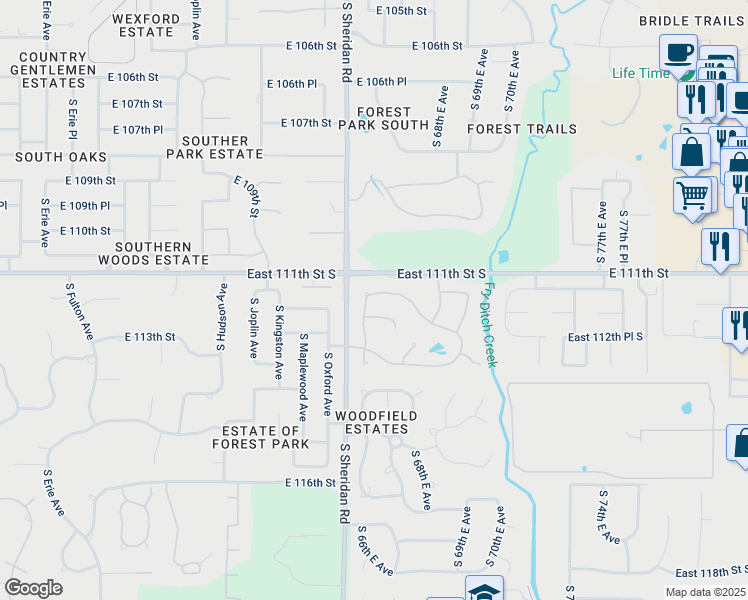 map of restaurants, bars, coffee shops, grocery stores, and more near 6623 East 112th Place in Bixby