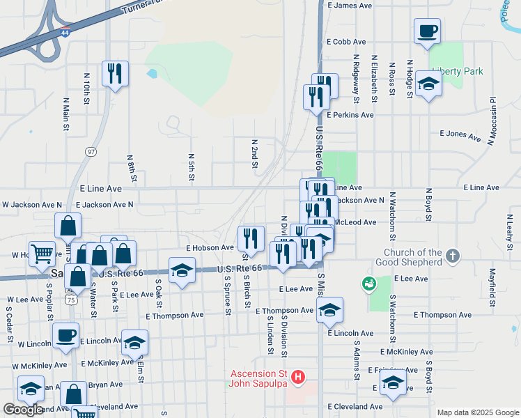 map of restaurants, bars, coffee shops, grocery stores, and more near 205 North Linden Street in Sapulpa